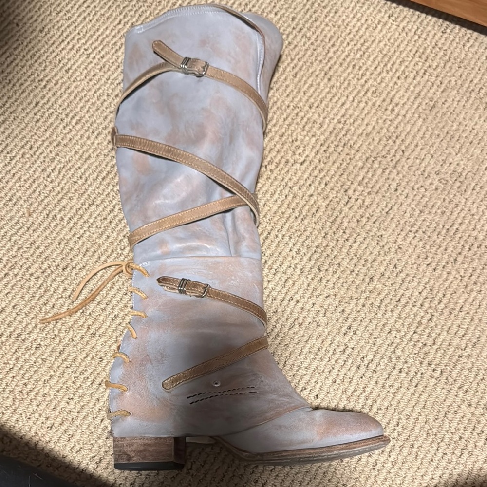 Women's Tan and Blue distressed  Knee-High Boots